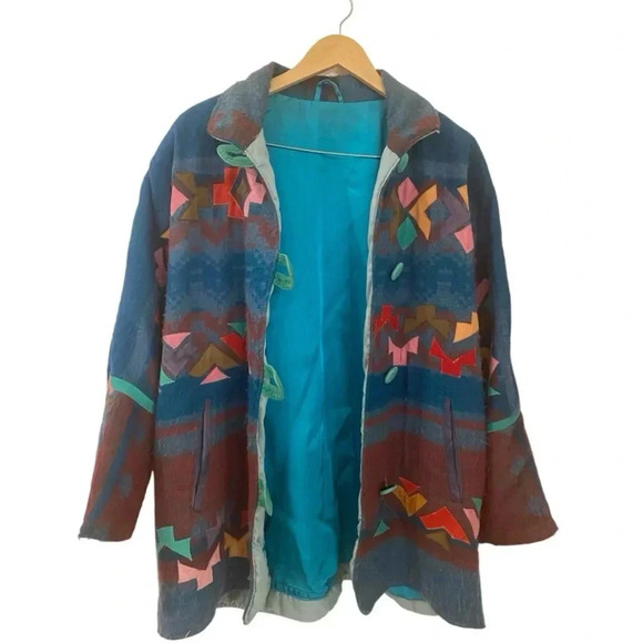 Vintage Womens Handmade Southwest Aztec Wool Leather Jacket Size XL 1990s Winter - Picture 5 of 7
